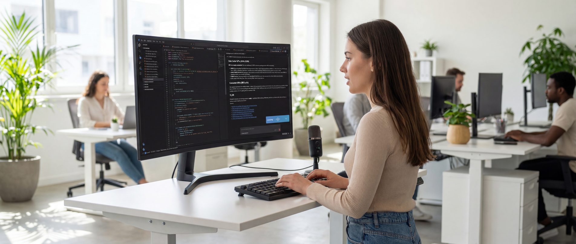 Developer spreekt tegen AI codeerassistent met WhisperTyping spraakdicteren in een modern kantoor