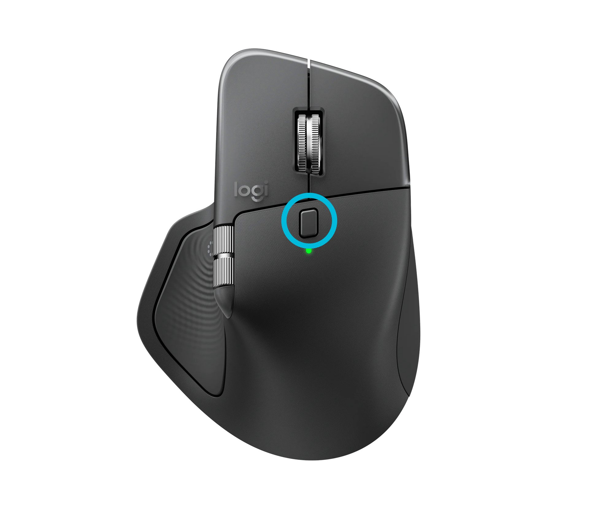 Logitech MX Master 4 muis met DPI-knop omcirkeld - deze knop kan worden toegewezen om WhisperTyping te activeren