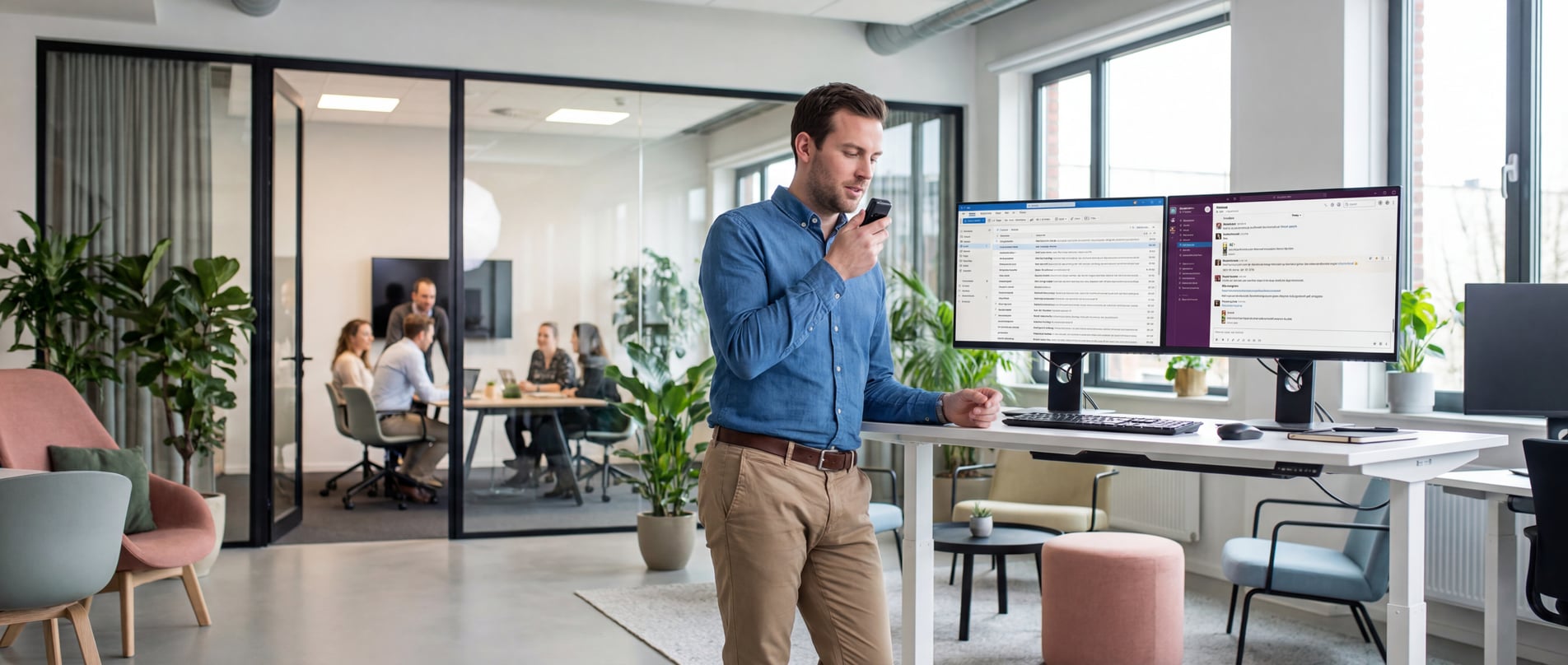 Manager gebruikt spraakdicteren in modern kantoor