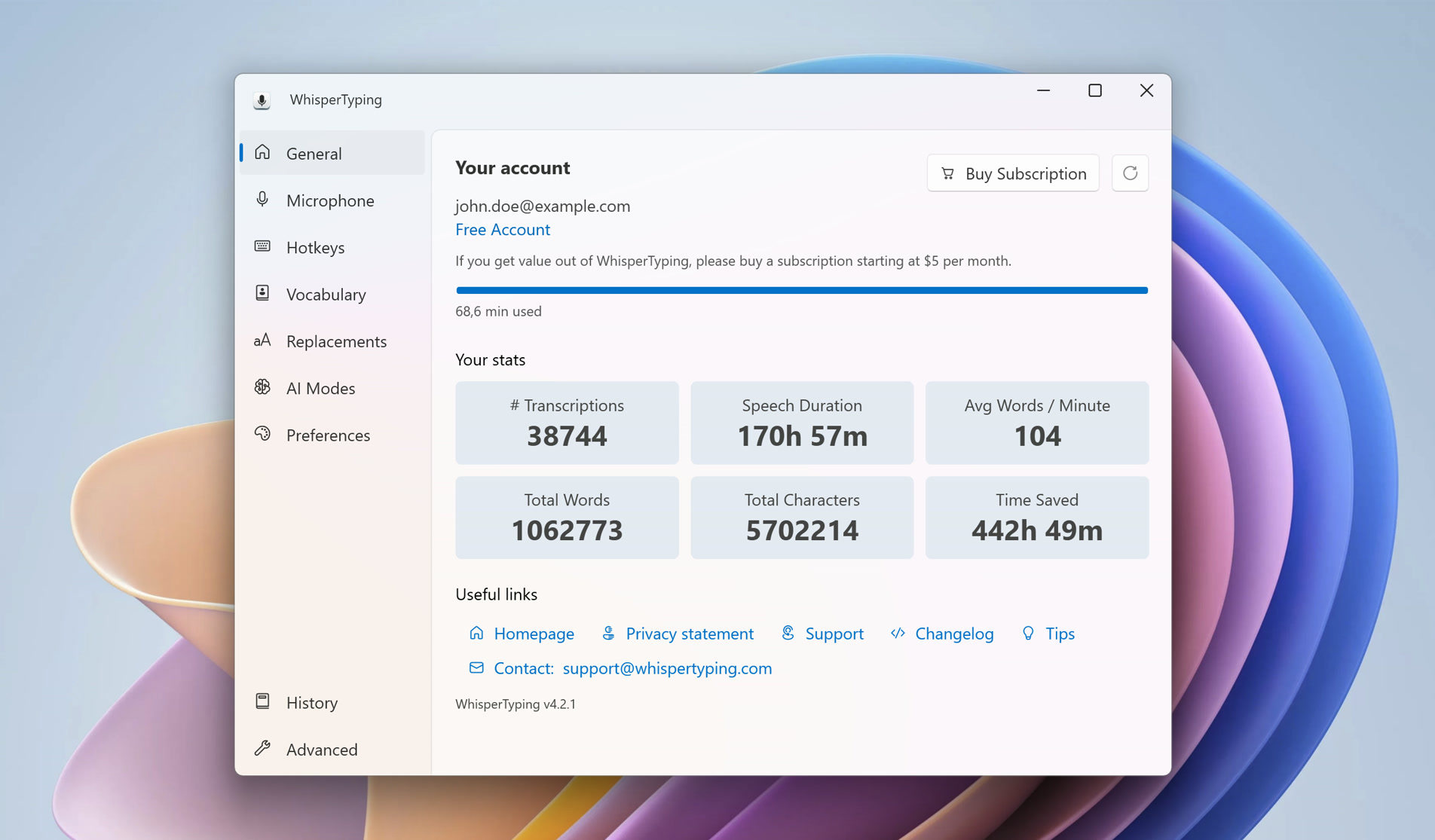 General instellingenpagina met accountinfo, statistieken en bespaarde tijd