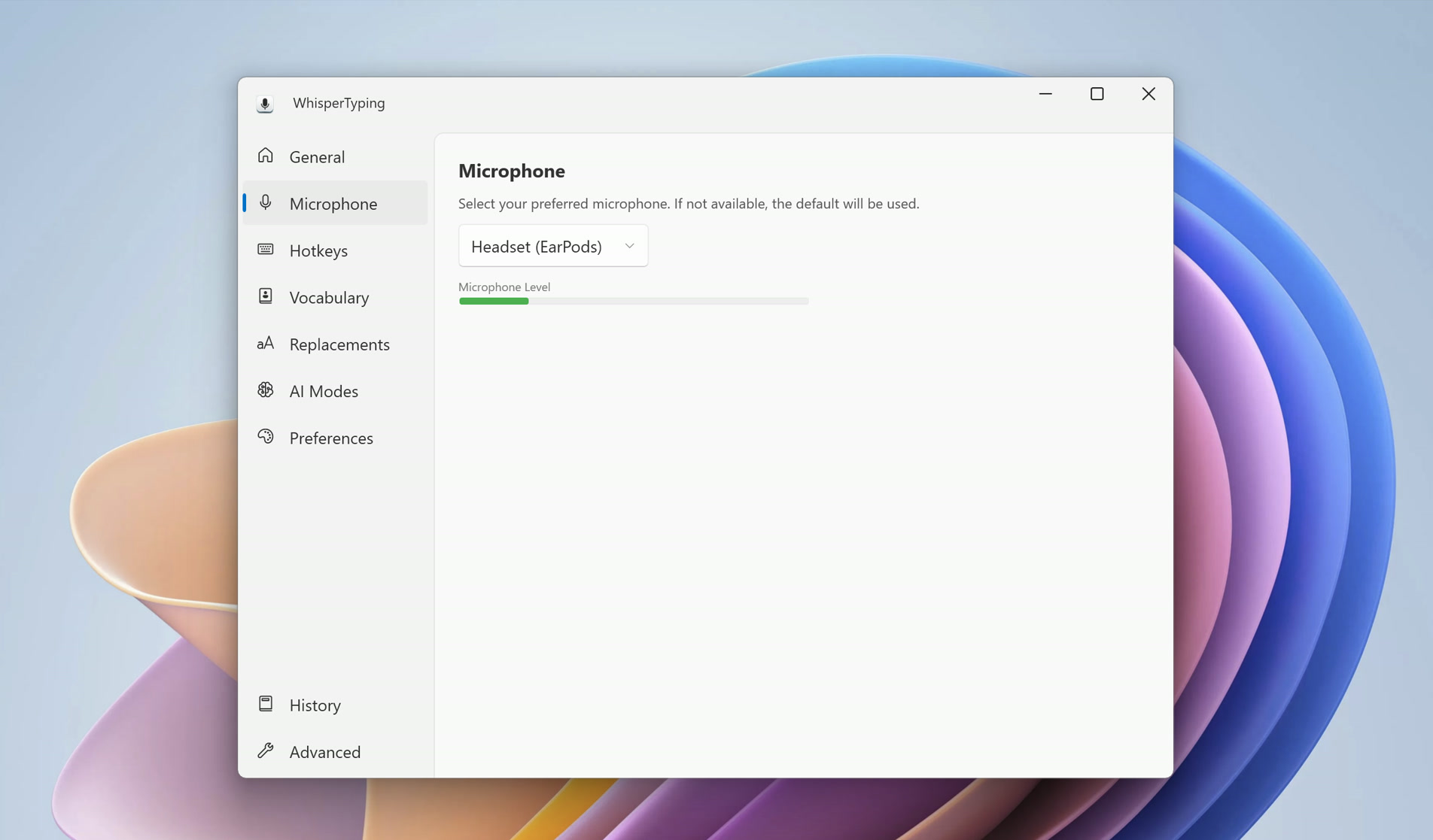 Microphone instellingenpagina met apparaatselectie en niveau-indicator