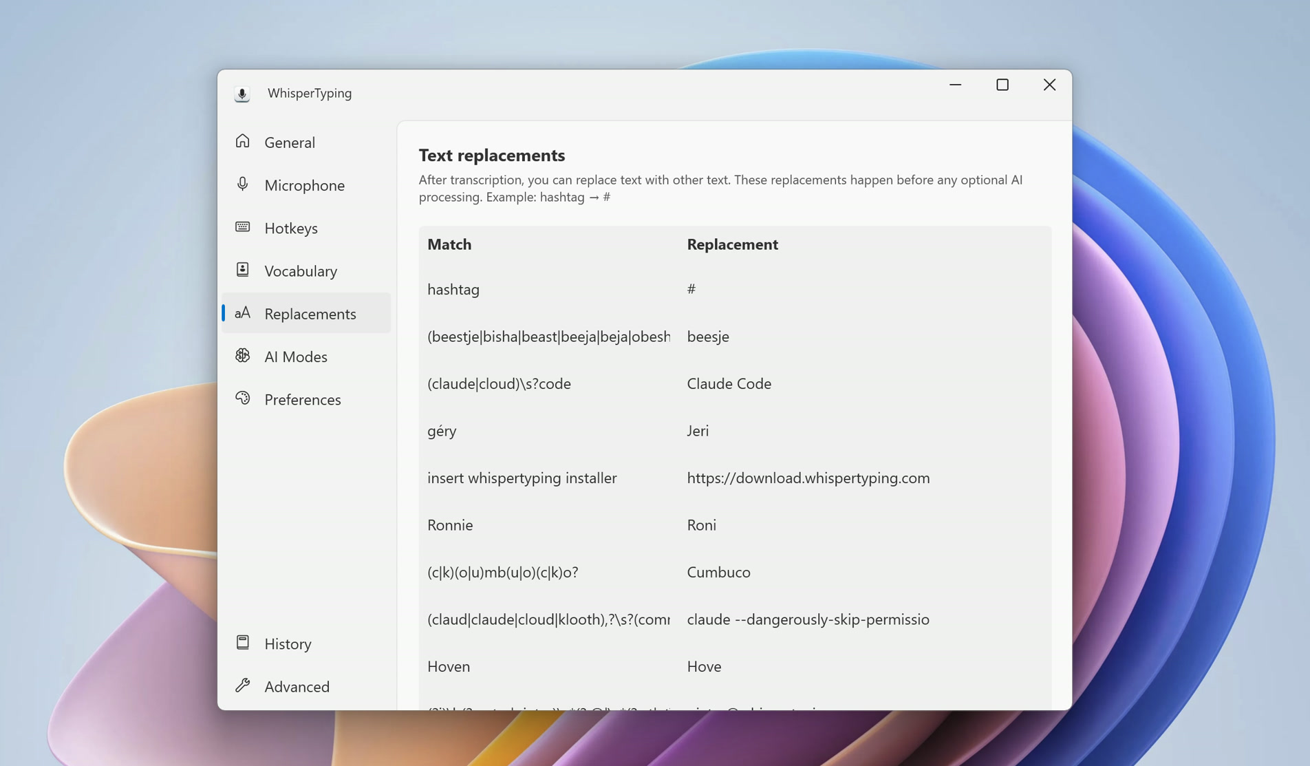 Replacements instellingenpagina met tekstvervangingsregels