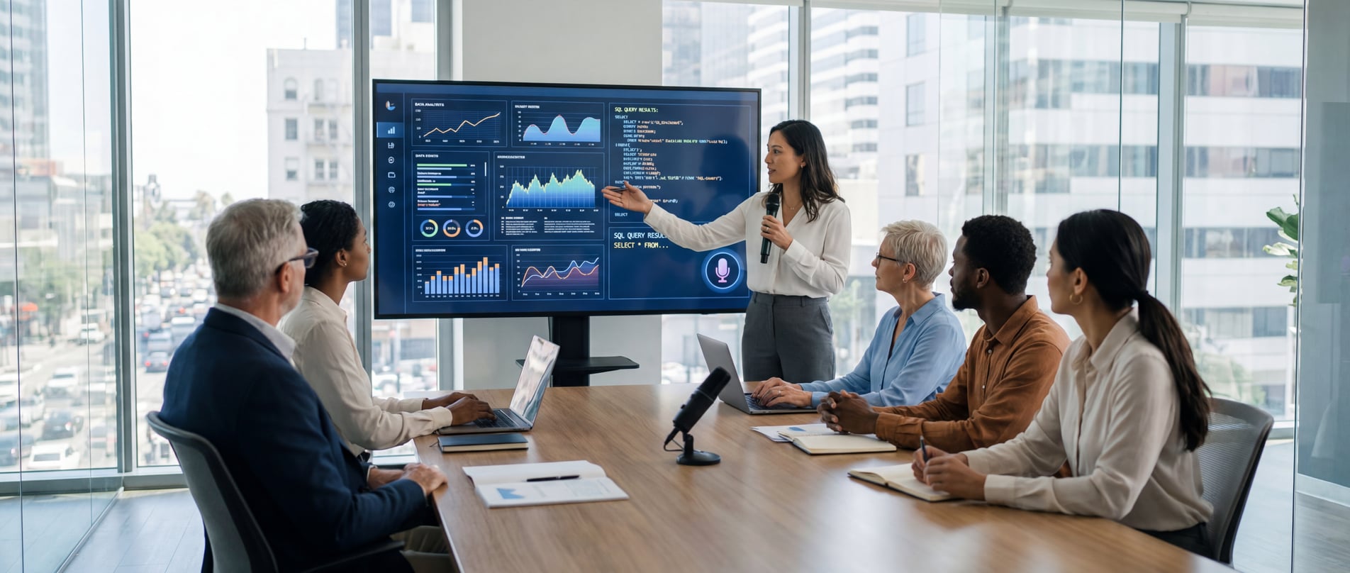 Team van analisten werkt samen met datavisualisaties