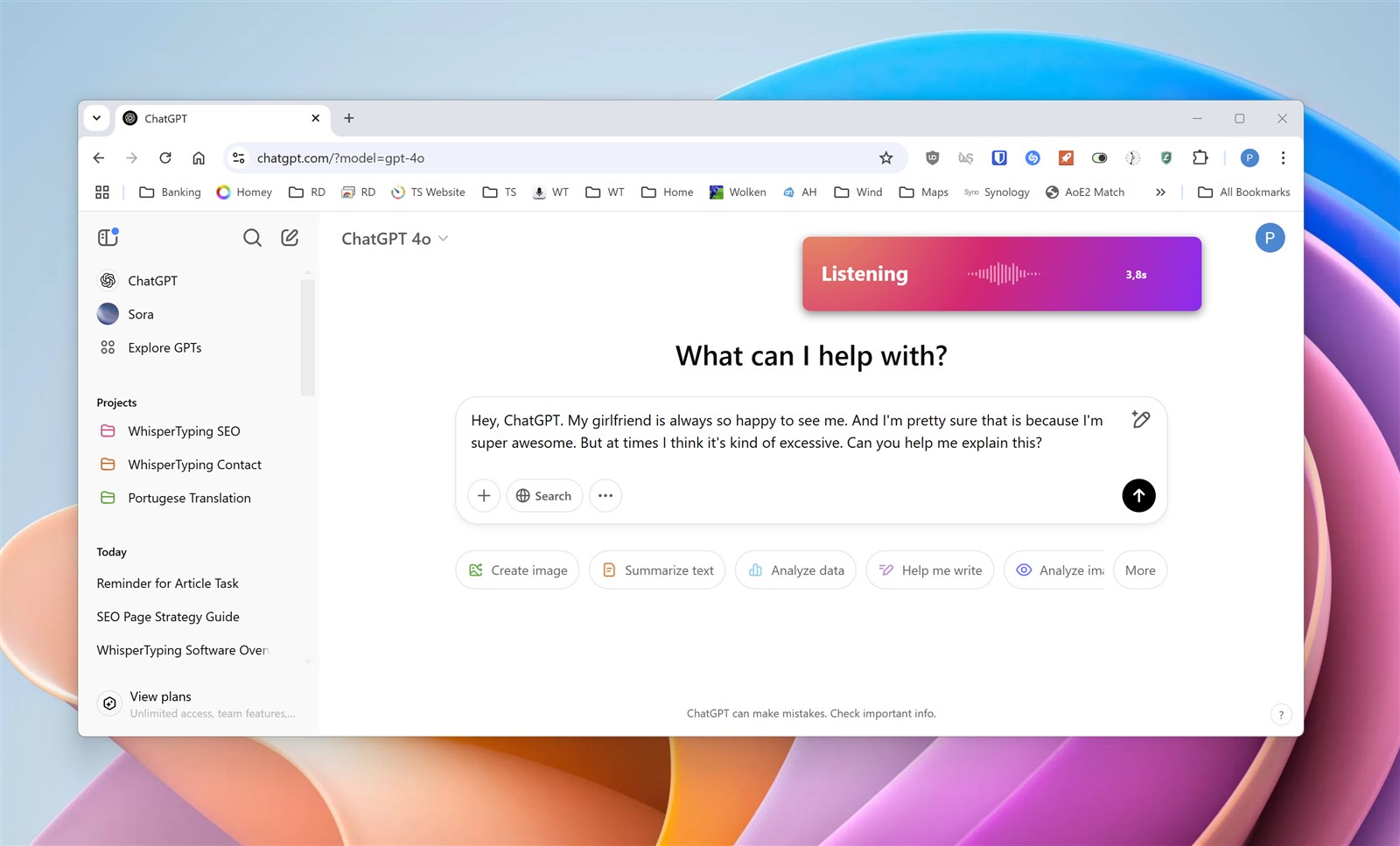 WhisperTyping dicteert een prompt naar ChatGPT met de luisterindicator zichtbaar