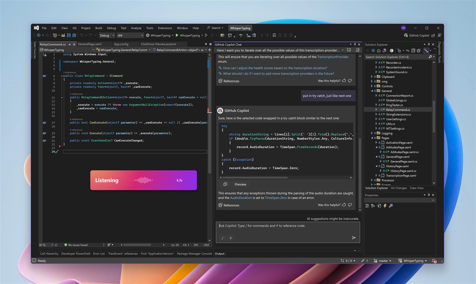 WhisperTyping dicteert een prompt naar GitHub Copilot Chat in Visual Studio met de luisterindicator zichtbaar